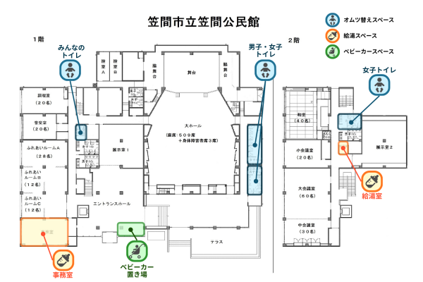 ベビーカー・オムツ替え・給湯スペース